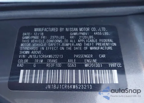 2019 Nissan Rogue Sport Sv z USA, uszkodzony, nr VIN JN1BJ1CR6KW623213